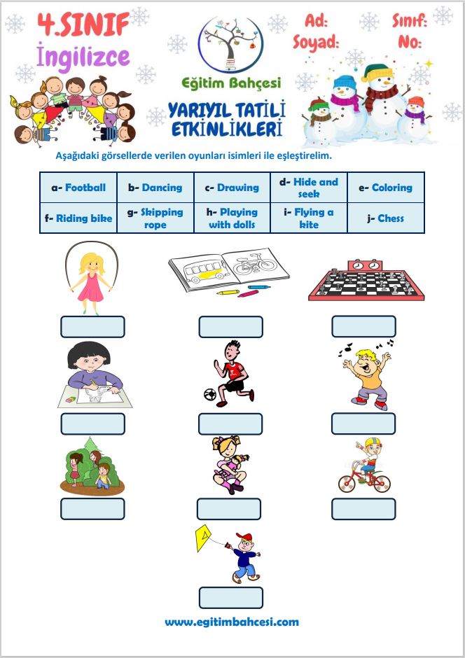 4.Sınıf İngilizce Yarıyıl Tatili Etkinlikleri Örnek Sayfa
